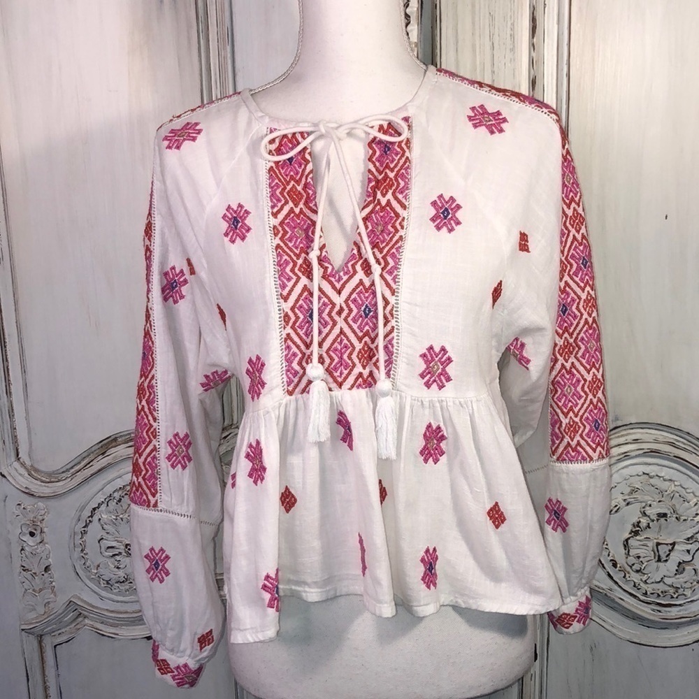 TOPSHOP PETITE 100% Cotton Embroidered Ethnic Long Sleeve Popover Top Size 0